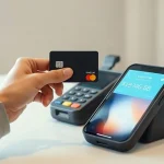 A crypto debit card being tapped on a point-of-sale terminal beside a phone showing a stablecoin balance