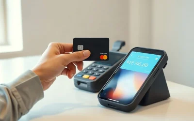 A crypto debit card being tapped on a point-of-sale terminal beside a phone showing a stablecoin balance