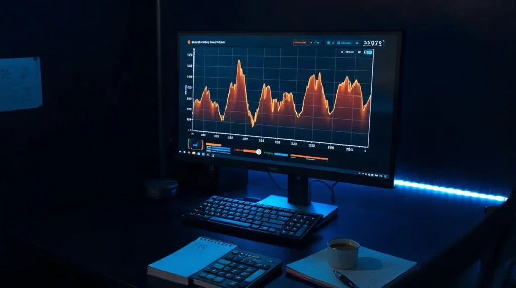 A workspace monitor showing network traffic spikes beside a notebook of handwritten gas figures