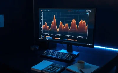A workspace monitor showing network traffic spikes beside a notebook of handwritten gas figures