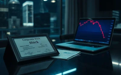 Dark boardroom table with a balance sheet and laptop showing a falling stock chart