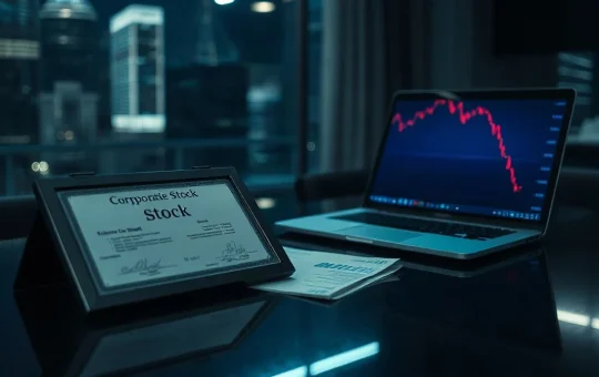 Dark boardroom table with a balance sheet and laptop showing a falling stock chart