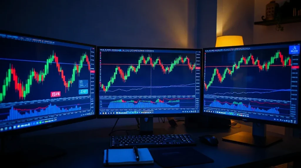 Four trading monitors showing candlestick charts for Dogecoin, Cardano, Aave and Bonk on a dark desk.