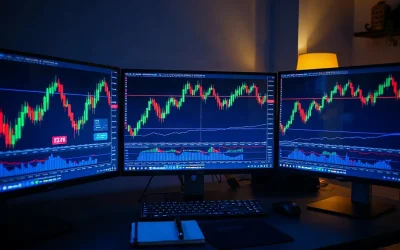 Four trading monitors showing candlestick charts for Dogecoin, Cardano, Aave and Bonk on a dark desk.