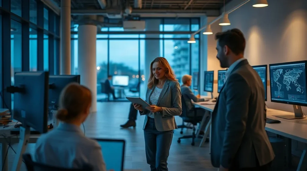 Developers working in a modern office at dusk with app wireframes on monitors