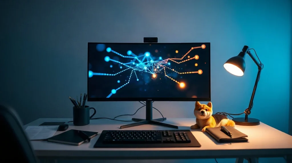 Developer workstation at night showing a network graph on screen beside a shiba inu figurine
