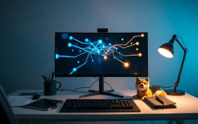 Developer workstation at night showing a network graph on screen beside a shiba inu figurine