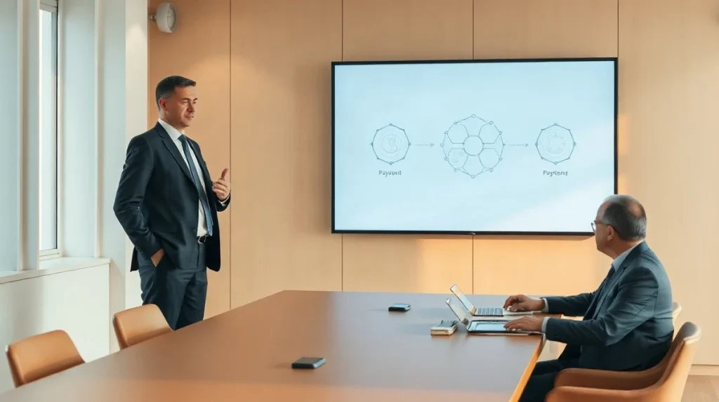 ECB official presenting digital euro payment plans to colleagues in a conference room