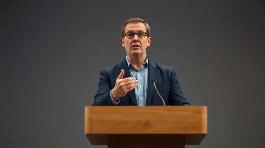Crypto commentator speaking at a lectern during a studio interview about XRP supply