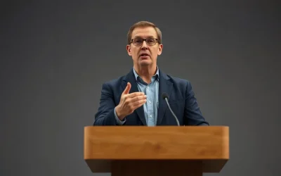 Crypto commentator speaking at a lectern during a studio interview about XRP supply