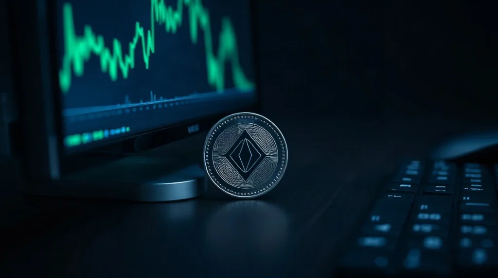 Silver crypto token on a dark desk beside a monitor showing a declining chart line