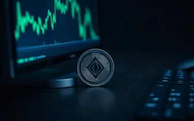 Silver crypto token on a dark desk beside a monitor showing a declining chart line