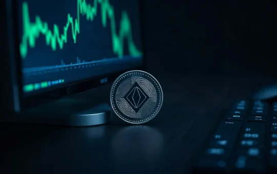 Silver crypto token on a dark desk beside a monitor showing a declining chart line