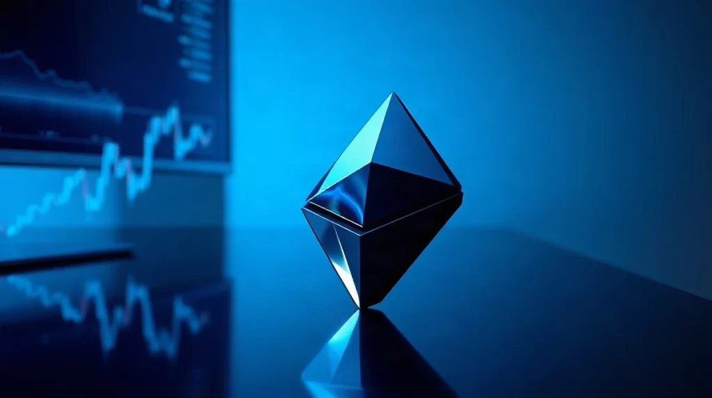 Ethereum diamond emblem on a dark trading desk lit by blue and violet monitor glow