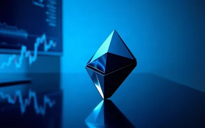 Ethereum diamond emblem on a dark trading desk lit by blue and violet monitor glow
