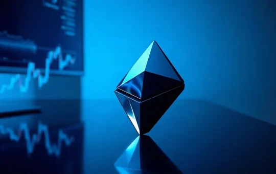 Ethereum diamond emblem on a dark trading desk lit by blue and violet monitor glow