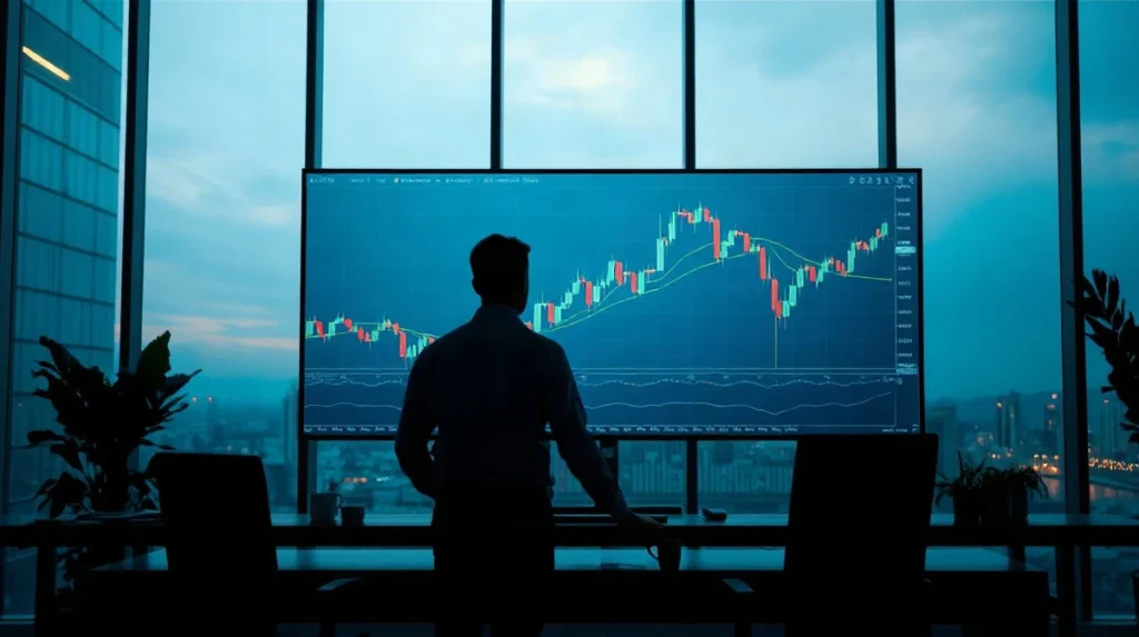 Trading monitor showing an Ethereum price chart hitting a horizontal resistance line at dawn