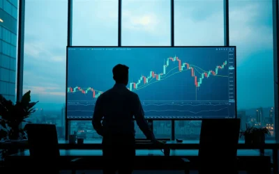 Trading monitor showing an Ethereum price chart hitting a horizontal resistance line at dawn