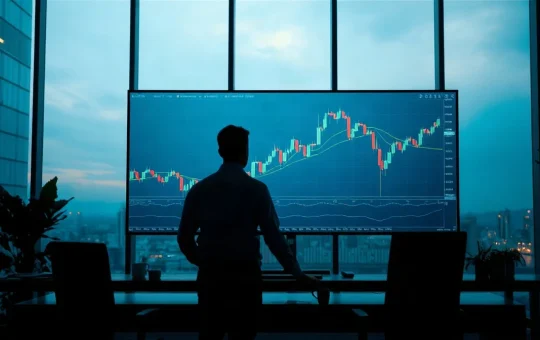 Trading monitor showing an Ethereum price chart hitting a horizontal resistance line at dawn