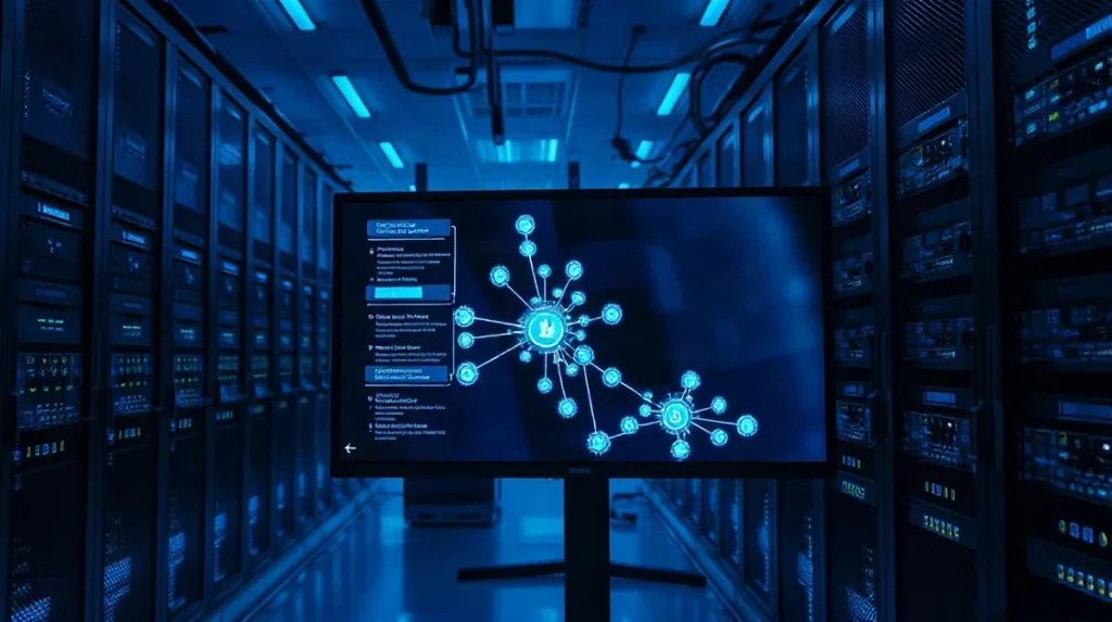 Dark server room with a monitor showing a graph of connected crypto wallet addresses
