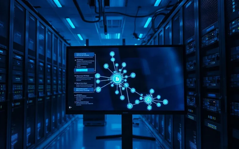 Dark server room with a monitor showing a graph of connected crypto wallet addresses