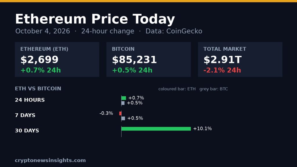 Chart card: Ethereum 24-hour change on October 4, 2026 against Bitcoin and the total crypto market