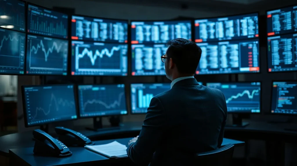 Treasury manager at a trading desk reviewing XRP holdings on multiple monitors