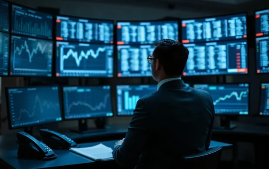Treasury manager at a trading desk reviewing XRP holdings on multiple monitors