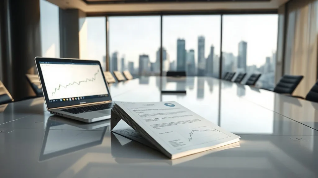 Prospectus and share-price chart on a boardroom table lit by daylight from city windows