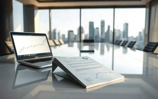 Prospectus and share-price chart on a boardroom table lit by daylight from city windows
