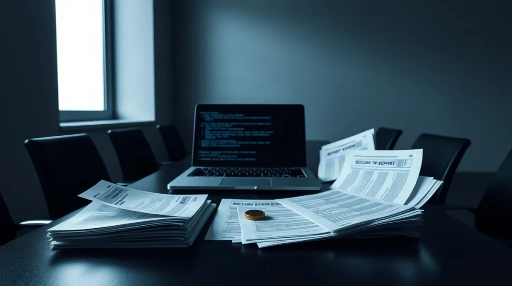 A security review desk with printed vulnerability reports, a laptop showing code, and a single token symbolising the bug report fee.