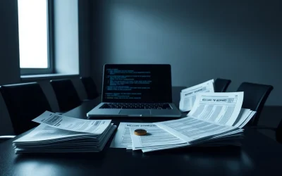 A security review desk with printed vulnerability reports, a laptop showing code, and a single token symbolising the bug report fee.