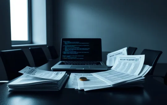 A security review desk with printed vulnerability reports, a laptop showing code, and a single token symbolising the bug report fee.