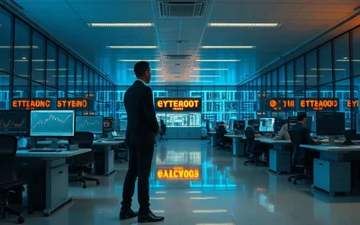 Crypto exchange trading floor at dusk with an analyst at a glowing workstation