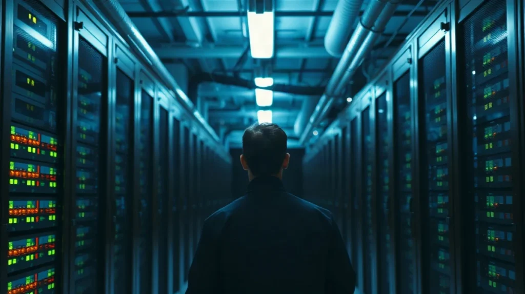 Technician inspecting server racks in a data center aisle lit by indicator lights
