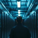 Technician inspecting server racks in a data center aisle lit by indicator lights