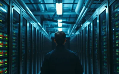 Technician inspecting server racks in a data center aisle lit by indicator lights