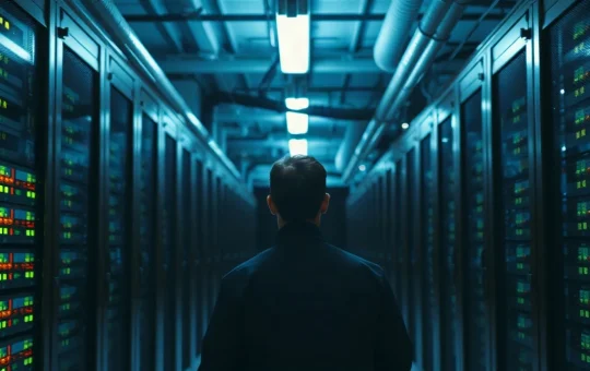 Technician inspecting server racks in a data center aisle lit by indicator lights