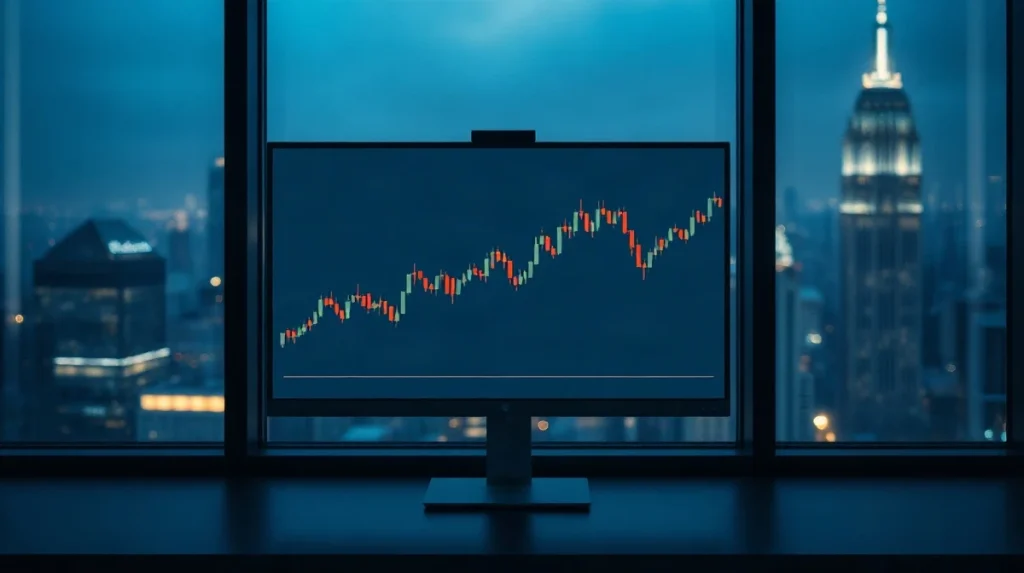 Desktop monitor showing an after-hours stock price chart at night