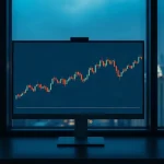 Desktop monitor showing an after-hours stock price chart at night