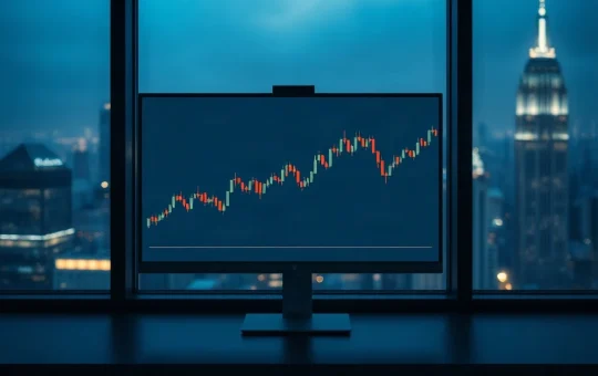Desktop monitor showing an after-hours stock price chart at night