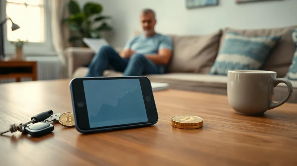 Smartphone with a blank crypto wallet chart and a brass coin on a coffee table in a living room