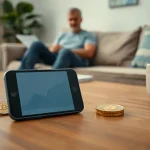 Smartphone with a blank crypto wallet chart and a brass coin on a coffee table in a living room