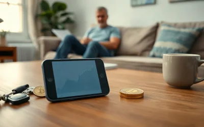 Smartphone with a blank crypto wallet chart and a brass coin on a coffee table in a living room