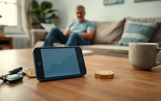 Smartphone with a blank crypto wallet chart and a brass coin on a coffee table in a living room