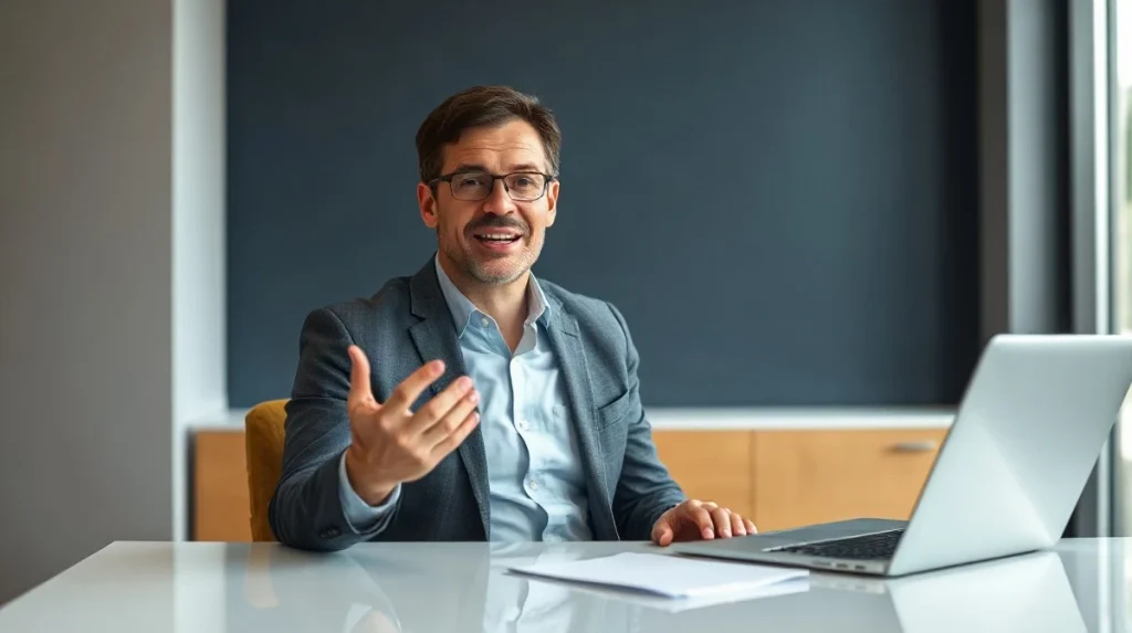 Financial executive seated at a desk in a modern office during a recorded video interview