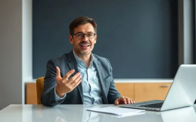 Financial executive seated at a desk in a modern office during a recorded video interview