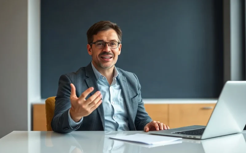 Financial executive seated at a desk in a modern office during a recorded video interview