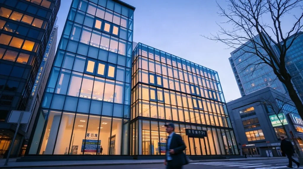 Headquarters of a major Japanese bank in Tokyo's Marunouchi district at dusk