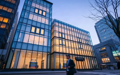 Headquarters of a major Japanese bank in Tokyo's Marunouchi district at dusk